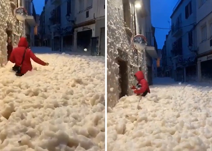 Zatiaľ čo niektoré časti Španielska ničia obrovské vlny aj víchrica, ulice jedného z miest zas zaplavila pena