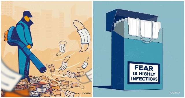 Trefné ilustrácie vytvorené za pomoci rúška, ktoré odrážajú aktuálnu situáciu