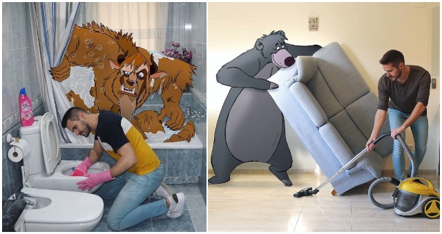 Tento chlapík trávi čas v obklopení Disneyho charakterov, ktoré šikovne dotvára na fotografie