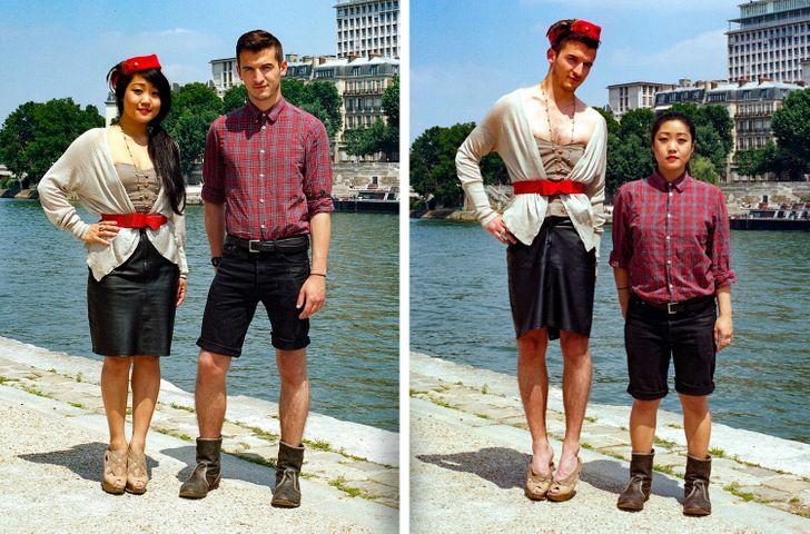 Fotografka vytvorila sériu zaujímavých záberov – páry si na nej vymieňajú svoje oblečenie