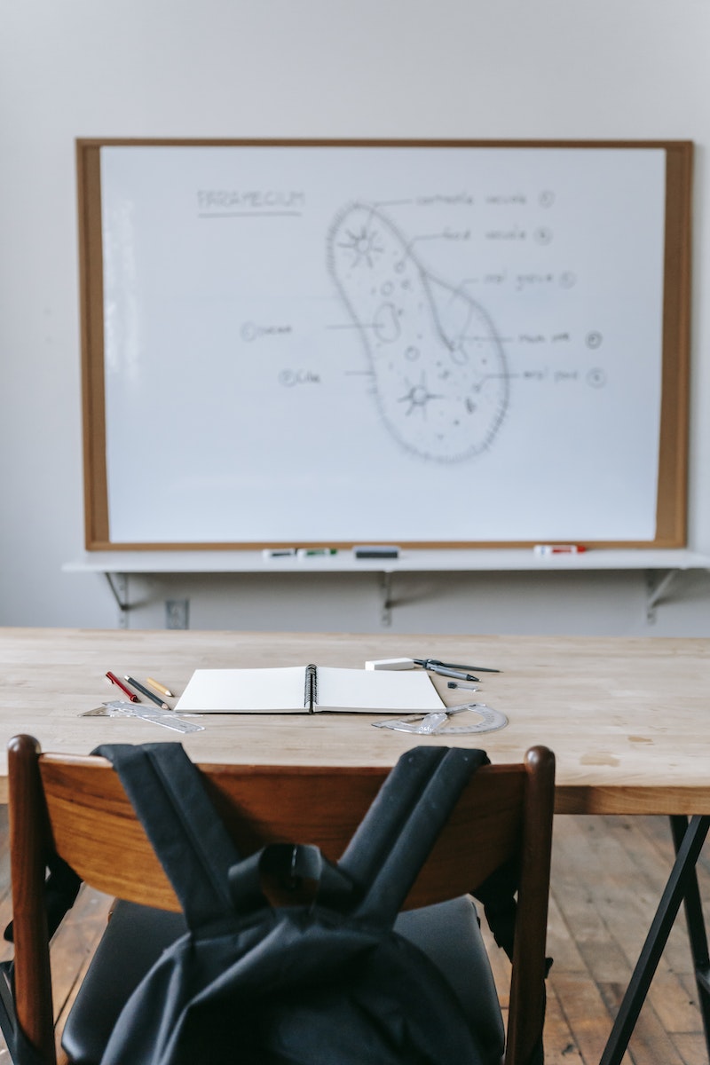 Whiteboard with scheme behind wooden table with various school supplies and chair with backpack