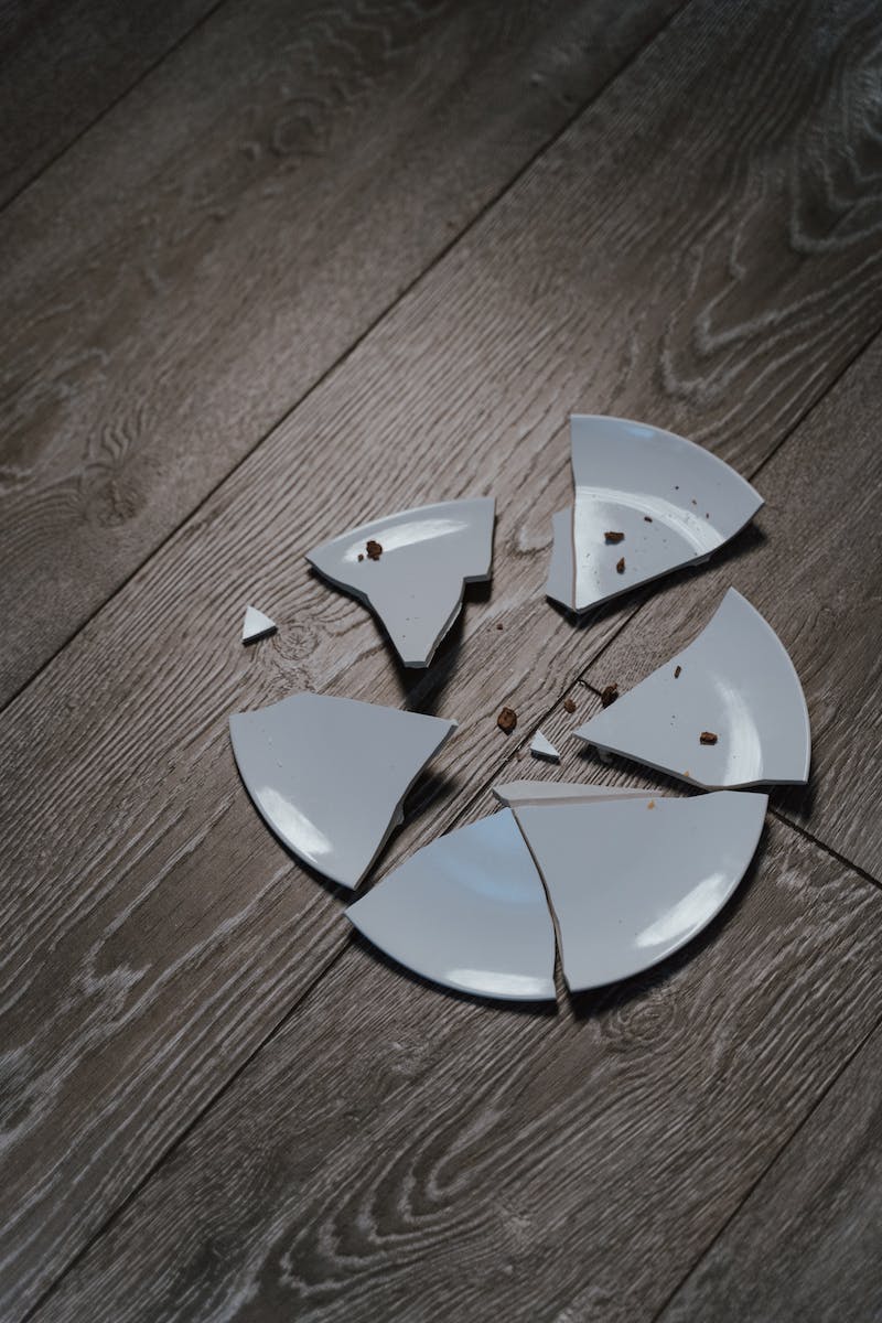 Close-Up Shot of Shards of a Broken Ceramic Plate on a Wooden Surface