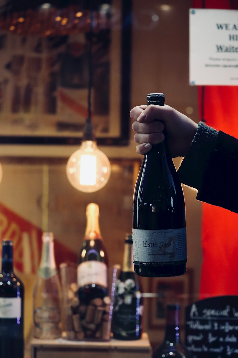 a person holding a bottle of wine in their hand