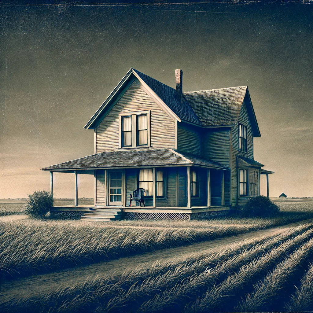 Tento obrázok nemá vyplnený ALT popisok, jeho názov je DALLE-2025-04-11-15.47.24-A-realistic-rural-farmhouse-in-1950s-Kansas-with-a-dark-sky-above-inspired-by-the-true-crime-book-In-Cold-Blood.-The-house-should-appear-isolated-.webp