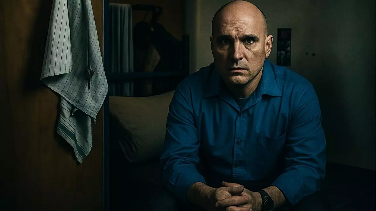 Cinkota sediaci v tmavej miestnosti so znepokojeným výrazom tváre v modrej košeli.