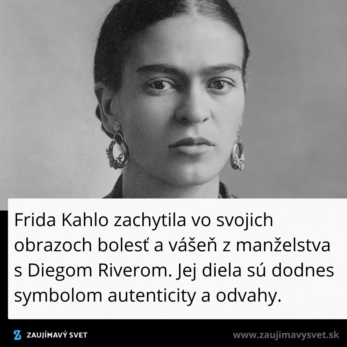 Portrét ženy so silnými črtami tváre a výraznými náušnicami, s textom o jej umení a emocionálnej hĺbke.