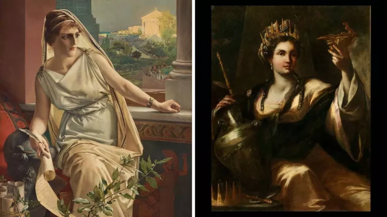 Dve historické maľby zobrazujujúce ženy v antickom odeve s pozadím gréckeho mesta a kráľovnou s korunou a lampou.