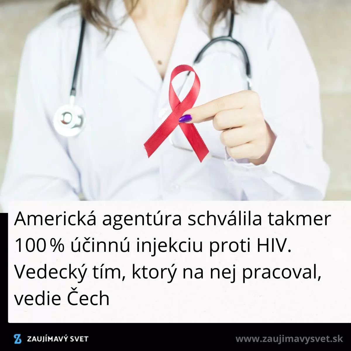 Lekár drží červenú stužku symbolizujúcu boj proti HIV; schválená účinná injekcia.