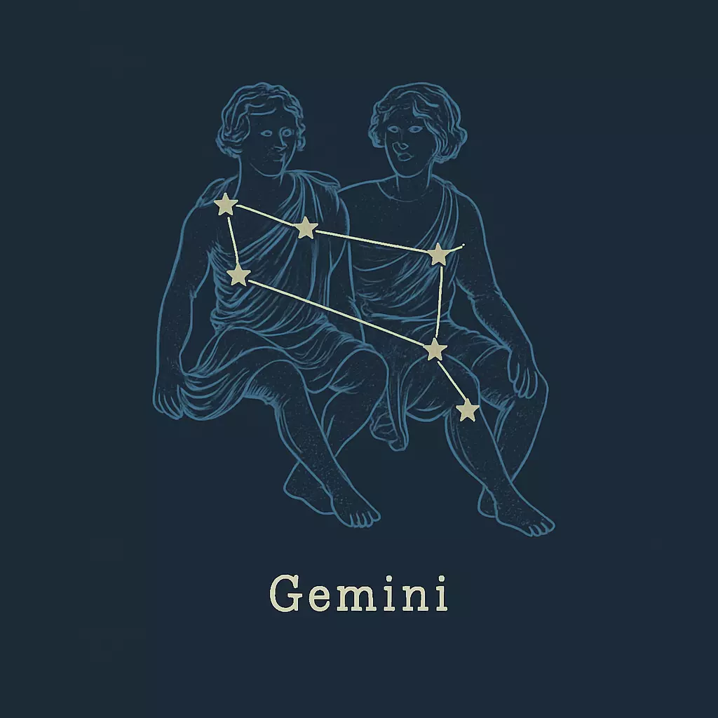 Dvojčatá: Ilustrácia súhvezdia v podobe dvoch postáv, astrologické znamenie Blíženci na tmavom pozadí.