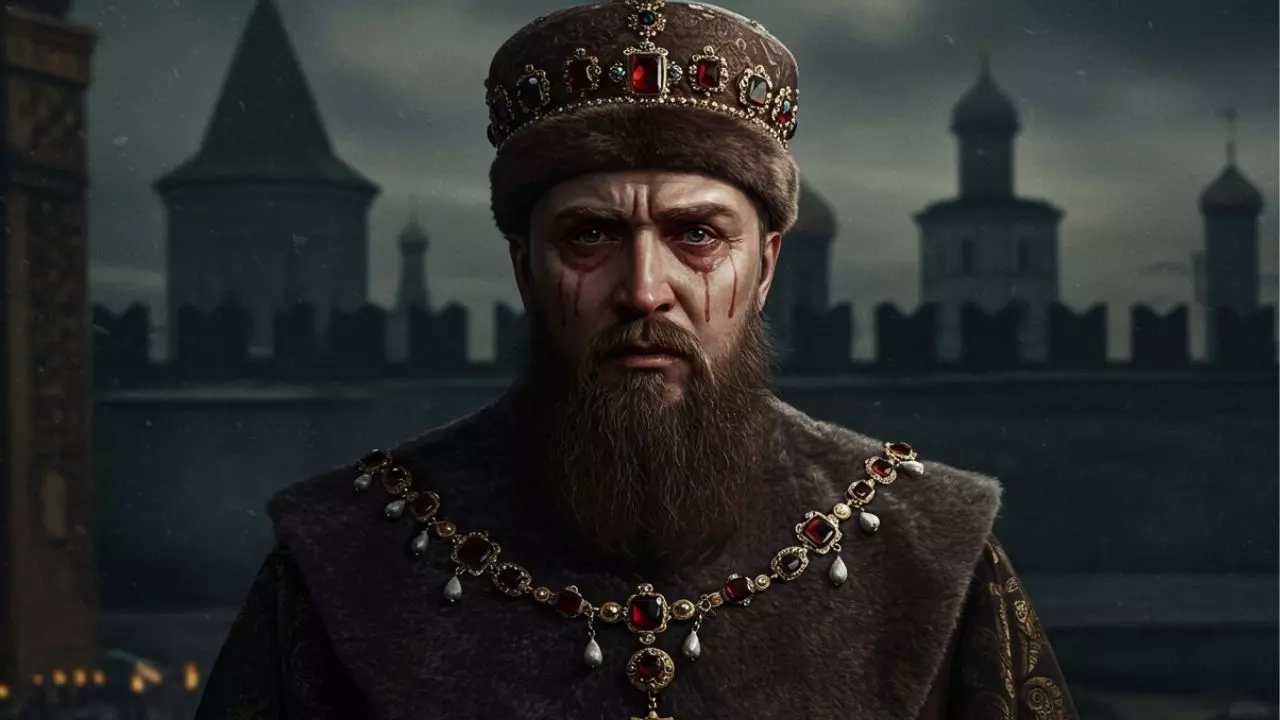 Ivan Hrozný v stredovekej róbe s korunou a ozdobným náhrdelníkom, pred tmavým hradným pozadím.