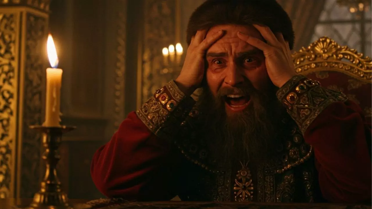 Ivan IV Hrozný v historickom kostýme s panickým výrazom drží hlavu v rukách, vedľa horí sviečka.