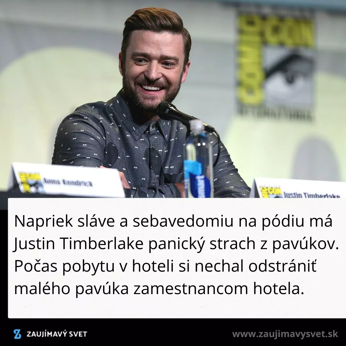 Na konferencii sedí muž s mikrofónom, za ním je logo Comic-Con. Na stole je ceduľka s jeho menom.