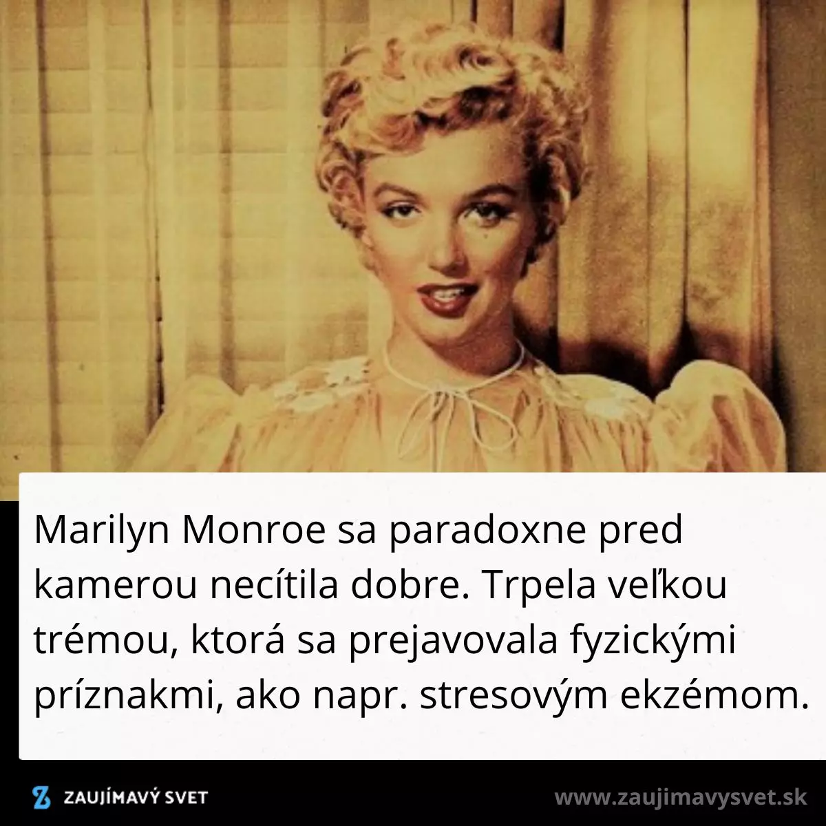 Portrét blondínky v elegantných šatách pred závesom, s textom o tréme a strese pred kamerou.