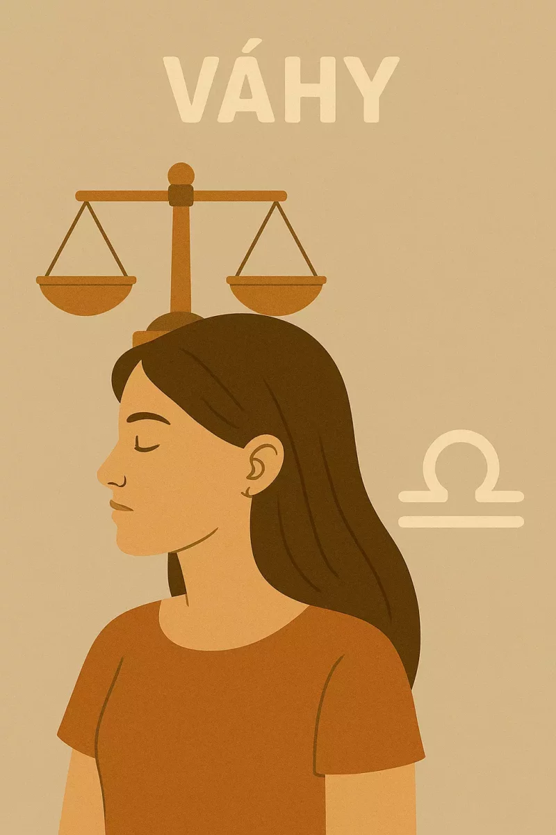 Ilustrácia ženy, váhy a symbol zverokruhu Váhy na béžovom pozadí.