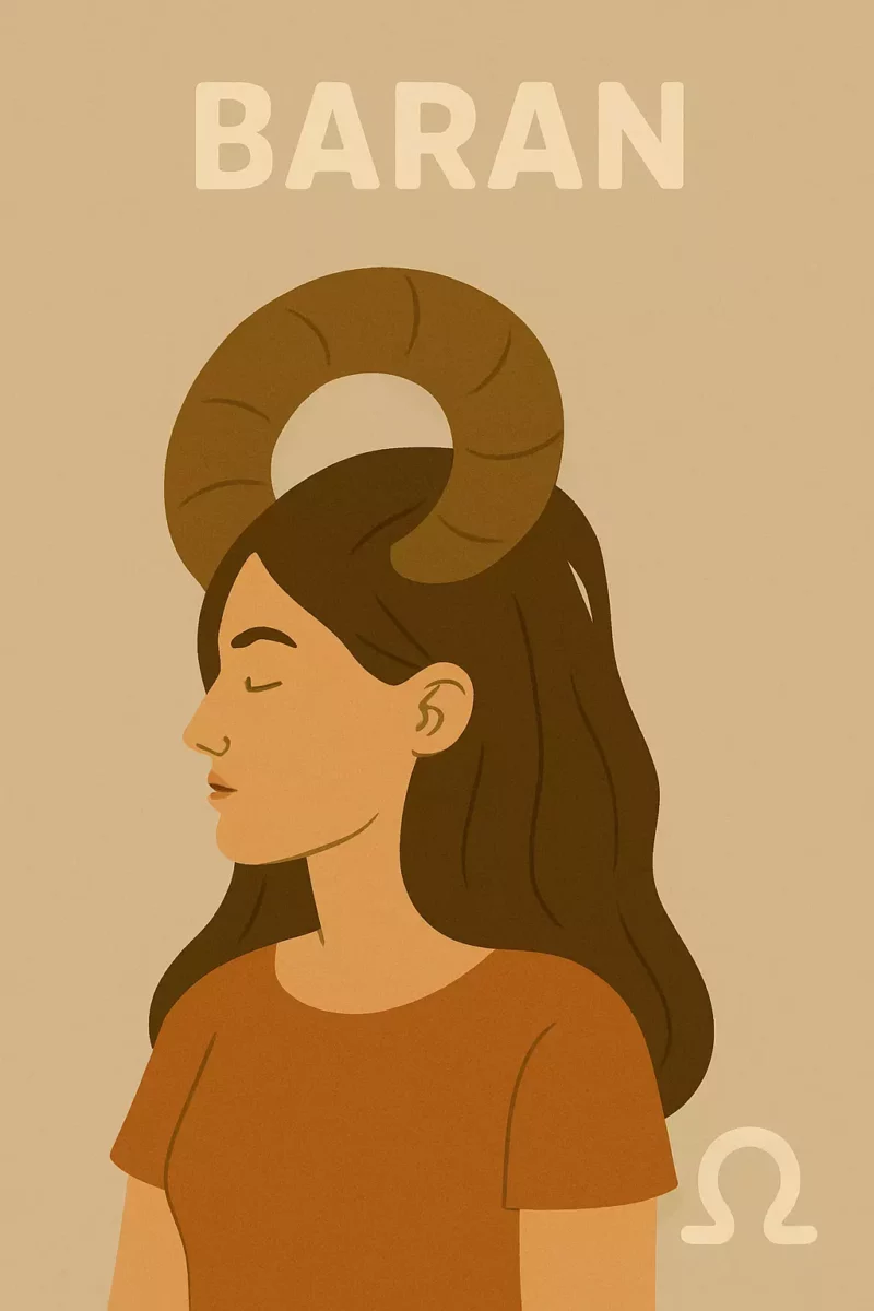 Ilustrácia ženy s rohmi a nápisom Baran. Minimalistický dizajn v hnedých odtieňoch, zverokruh Barana.