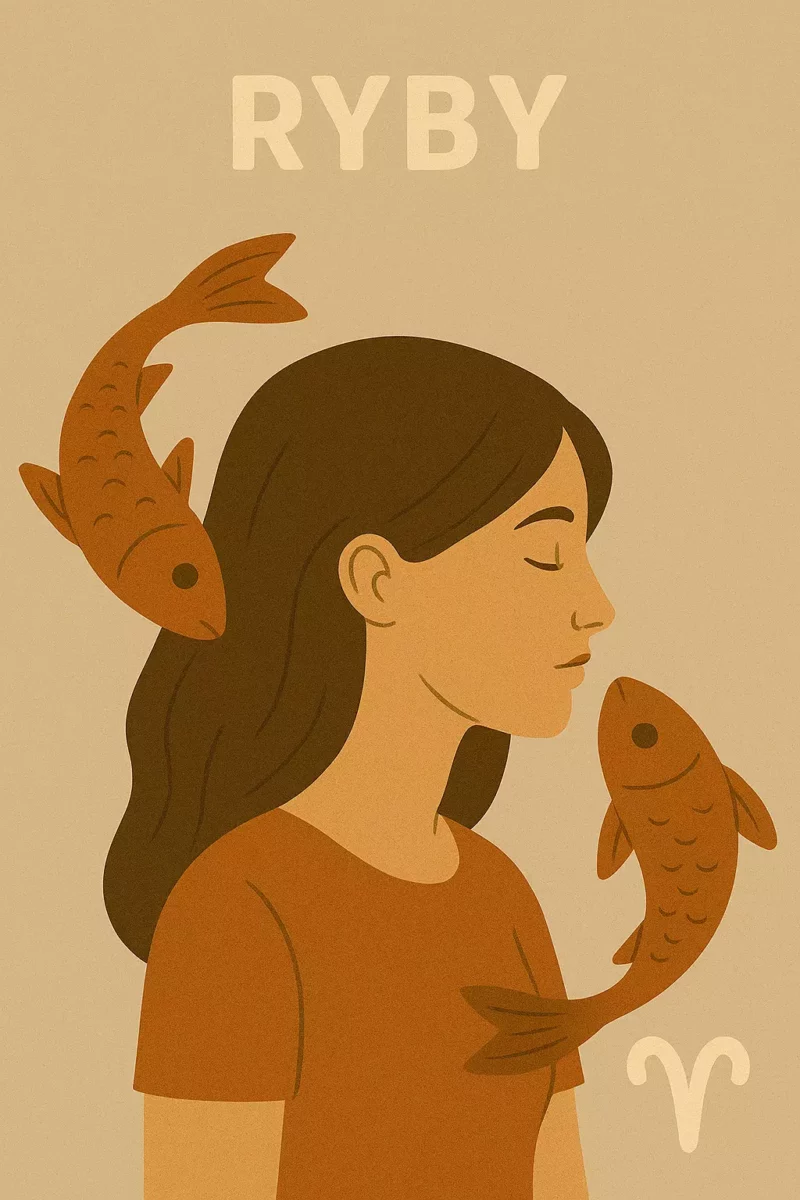 Žena s rybím motívom okolo hlavy na ilustrácii symbolizujúcej znamenie zverokruhu Ryby.