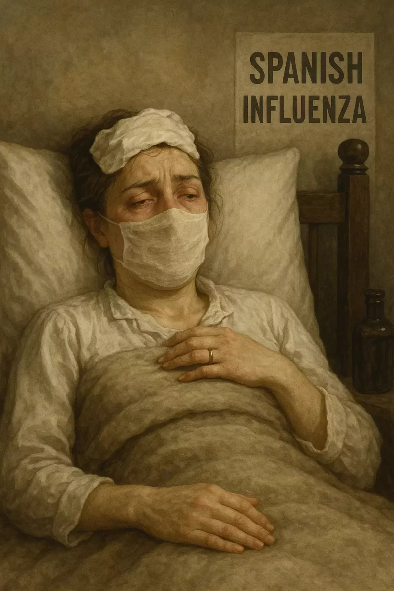 Žena v posteli s obkladom a rúškom počas pandémie španielskej chrípky, historický plagát.
