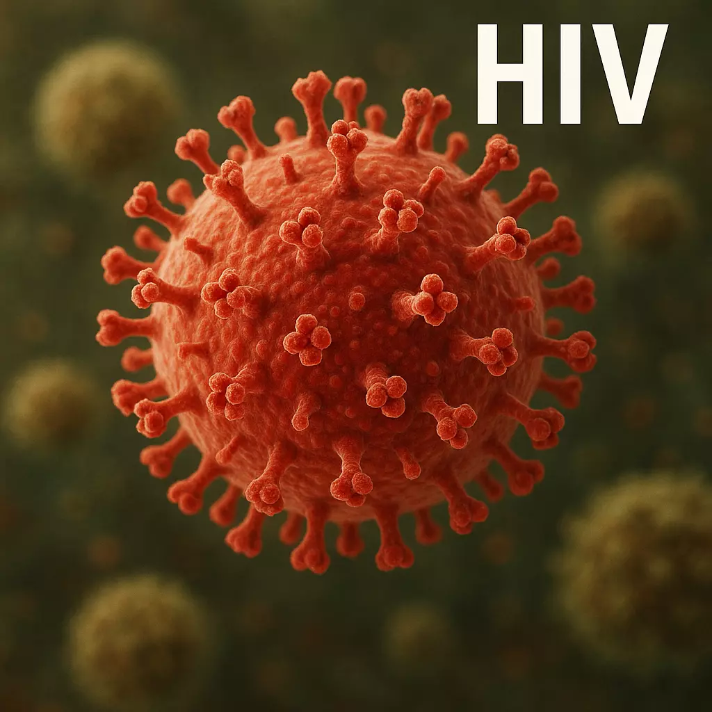 3D model vírusu HIV na tmavom pozadí, detailná štruktúra s červenými výčnelkami.