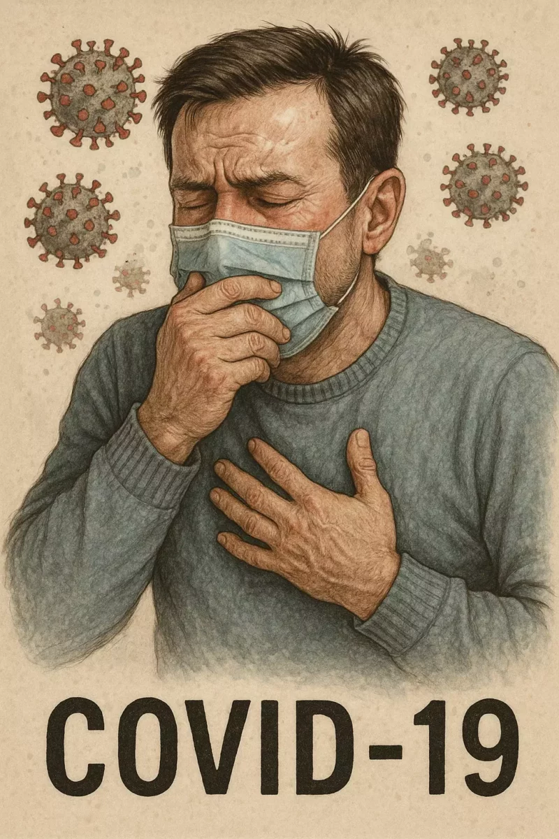Muž v rúšku kašle, obklopený ilustráciami vírusu COVID-19.