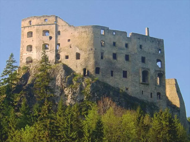 Zrúcanina hradu na skalnom útese obklopená lesom pod modrou oblohou, historická pamiatka Slovenska.