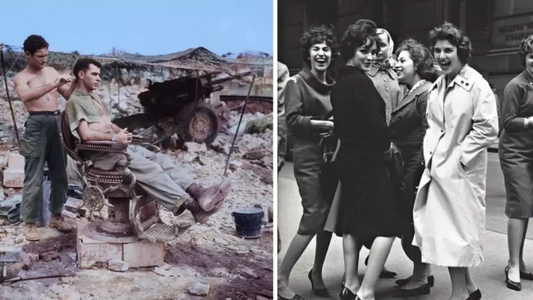 Vojak je strihaný v poľných podmienkach; retro skupina žien na ulici.