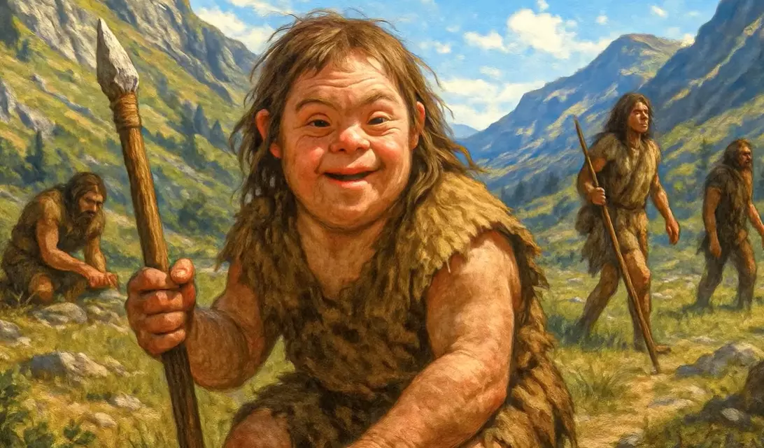 Starovekí ľudia v prírode, oblečení v kožušinách, s kopijami na prehistorickej loveckej výprave v horách.
