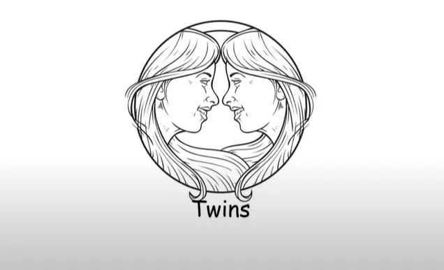 Dve zrkadlovo obrátené ženské tváre s dlhými vlasmi v kruhu, s nápisom Twins dole.