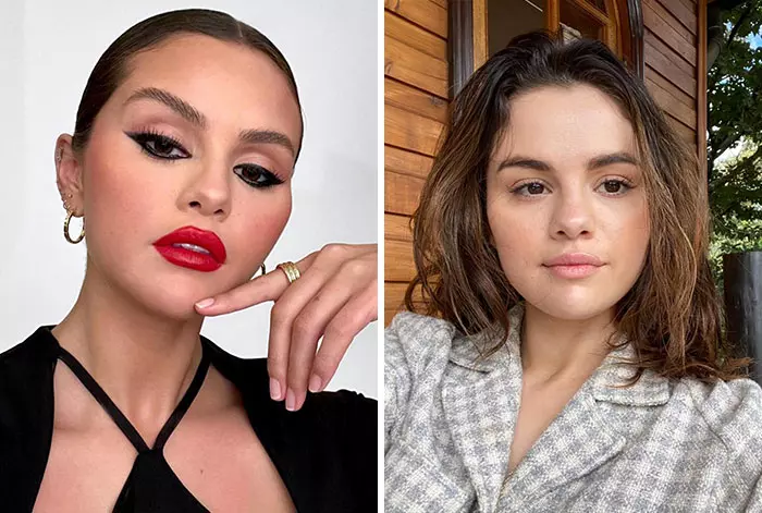 Neznáma žena s výrazným líčením a bez makeupu, rôzne štýly a prirodzená krása na dvoch snímkach.
