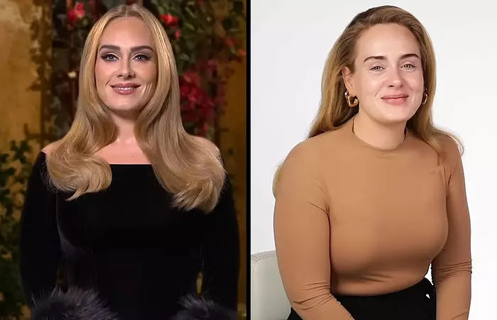 Osoba v dvoch rôznych odevoch: jedna s dlhými blond vlasmi v elegantnom šatoch, druhá v jednoduchom svetri, usmievavá.