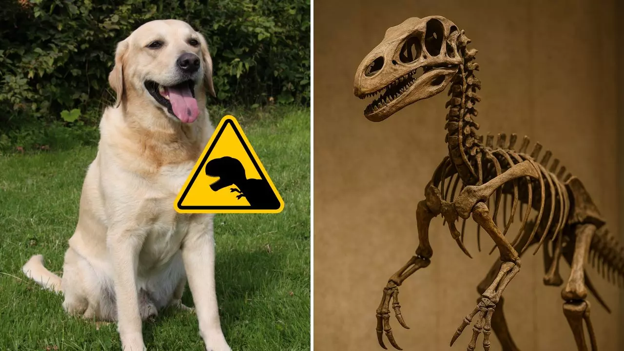 Pes sediaci na tráve vedľa výstražnej značky dinosaura a kostra dinosaura na výstave.
