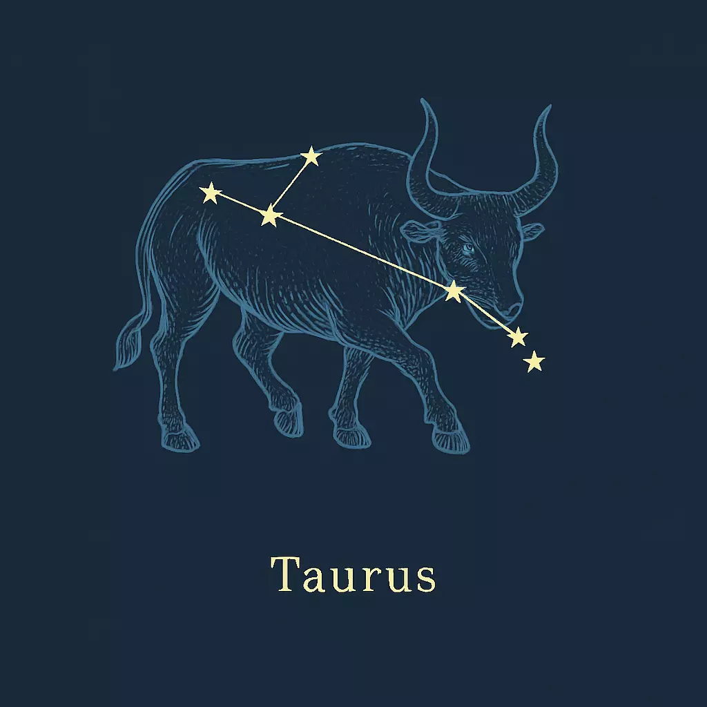 Býk so súhvezdím a hviezdami na tmavomodrom pozadí. Astrologické znamenie Býk.