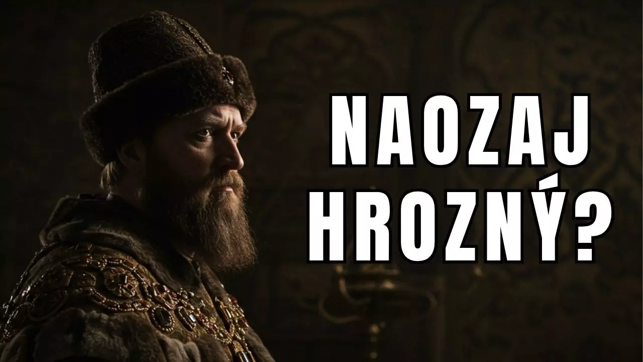 Portrét Ivana Hrozného v historickom oblečení s textom Naozaj hrozný? v pozadí tmavej miestnosti.