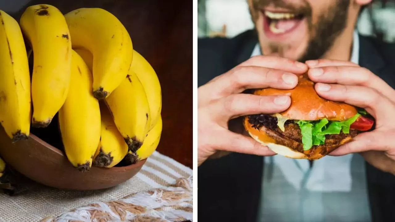 Miska banánov a muž s hamburgerom, kontrast zdravého a nezdravého jedla.