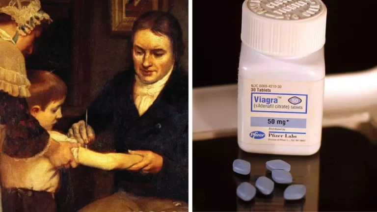 Maľba očkujúcich detí vedľa lieku Viagra symbolizuje rôzne lekárske pokroky v histórii.