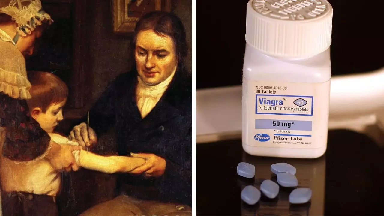 Maľba očkujúcich detí vedľa lieku Viagra symbolizuje rôzne lekárske pokroky v histórii.