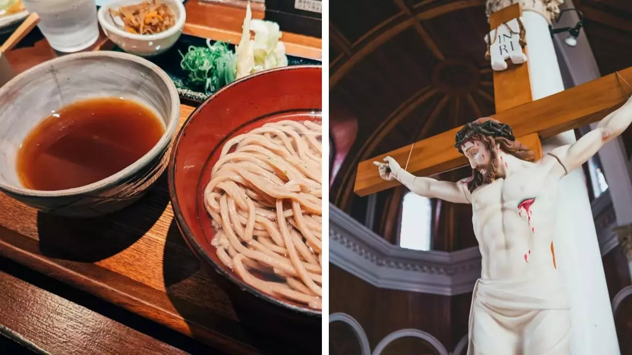 Obrázok zobrazuje japonské jedlo s rezancami a sochou ukrižovaného Ježiša Krista v kostole.