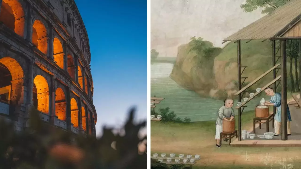 Koloseum za súmraku a tradičná čínska výroba porcelánu pri rieke, odhaľujú krásu dvoch kultúr.
