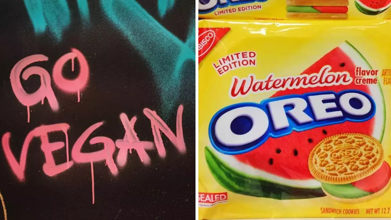 Graffiti s nápisom Go Vegan a obal limitovanej edície Oreo s melónovou príchuťou.
