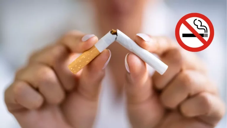 Osoba láme cigaretu s proti-fajčiacim znakom na pozadí, symbolizujúca ukončenie fajčenia.