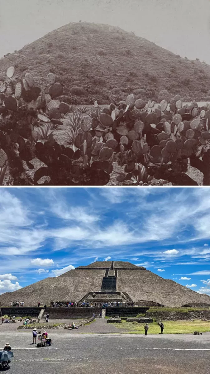 Historické zmeny pyramídy v Teotihuacáne: pred rekonštrukciou a po nej.