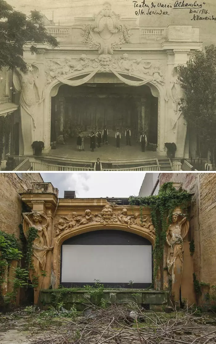 Staré divadlo Alhambra pred renováciou: historická scéna s detailnými sochami a opona, teraz zarastená vegetáciou.