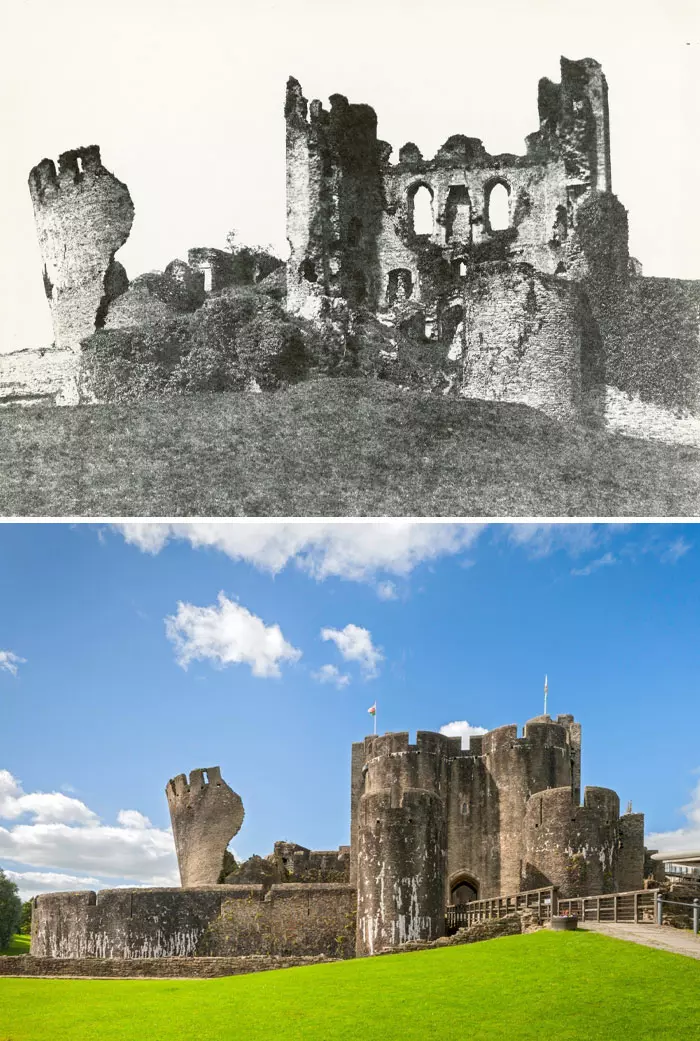 Porovnanie historickej čiernobielej fotografie hradu s moderným farebným pohľadom.