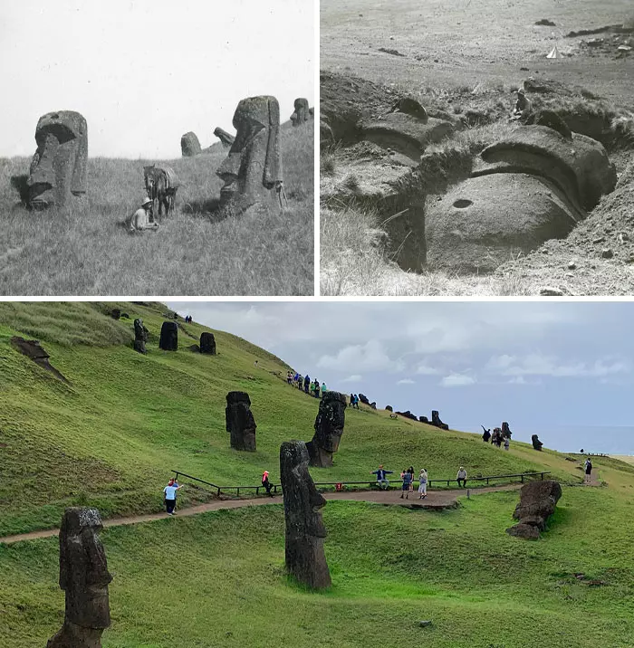 Sochy Moai na Veľkonočnom ostrove ukazujú ich podzemné časti. Historická a súčasná perspektíva odhaľuje ich veľkosť.