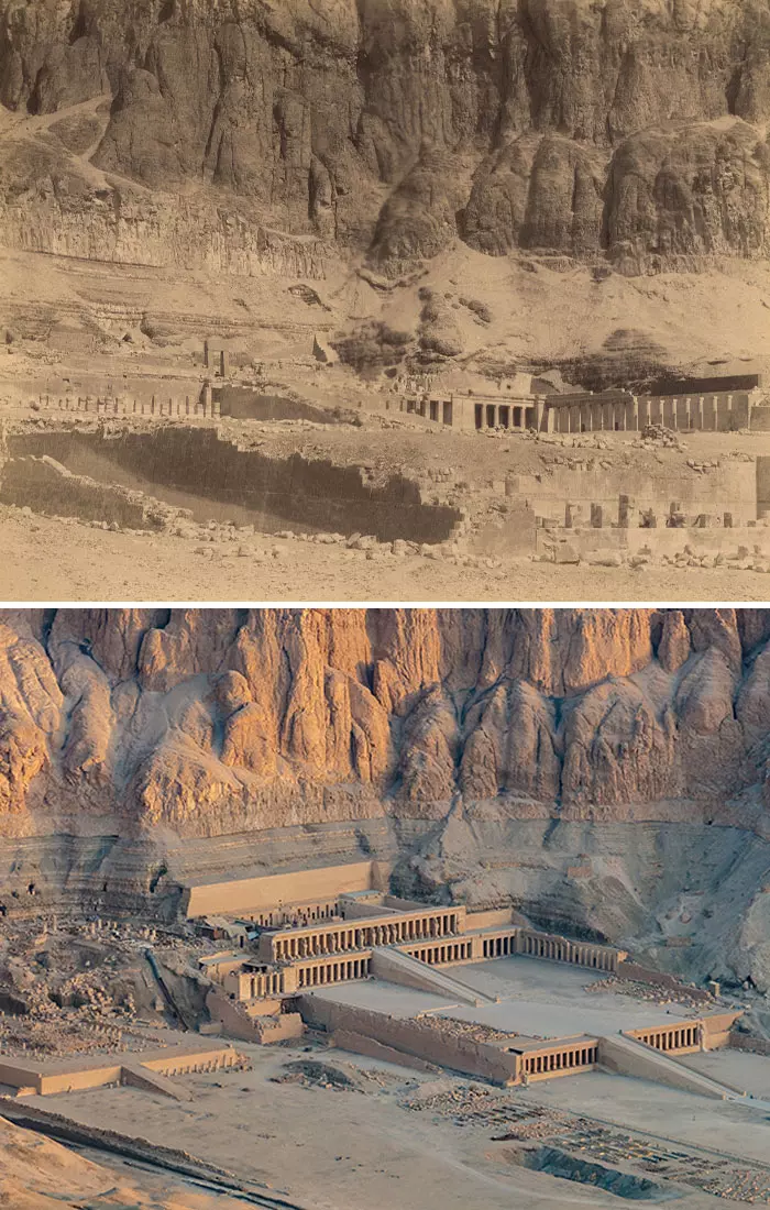 Historické a súčasné fotografie starovekého egyptského chrámu Hatšepsut, Luxor, Egypt, ukazujúce stav a rekonštrukciu.