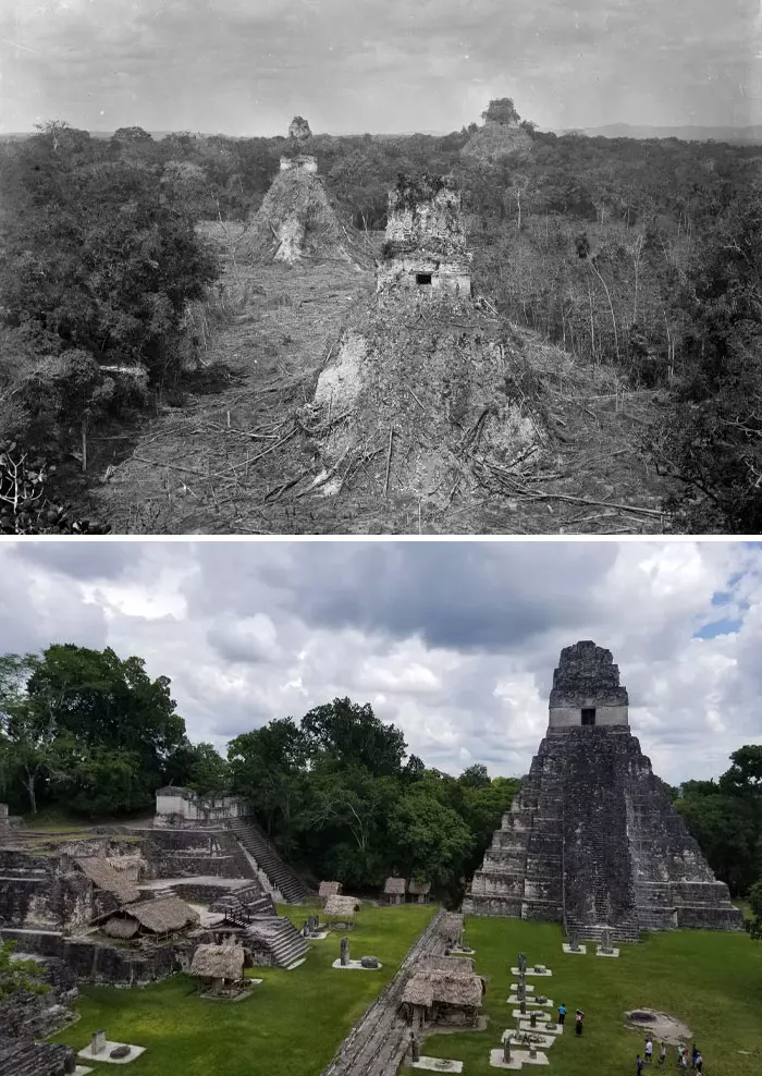 Historické a súčasné pohľady na mayské pyramídy v Tikal, obklopené džungľou a rekonštruované pre turistov.