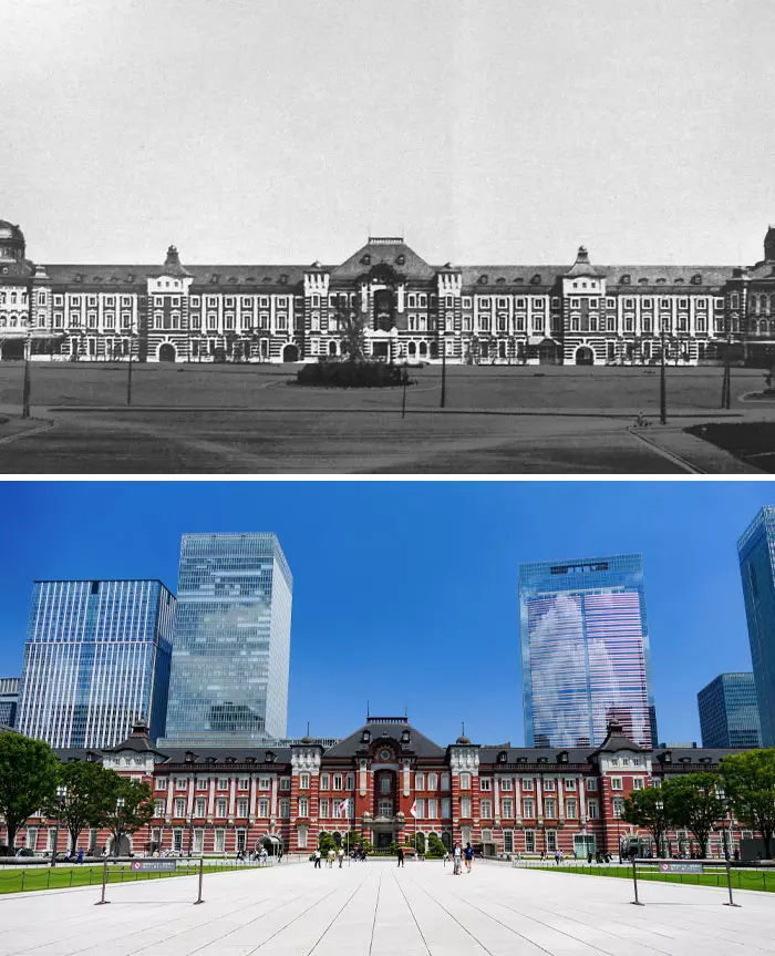 História a súčasnosť Tokijskej stanice; porovnanie architektúry v rôznych obdobiach.