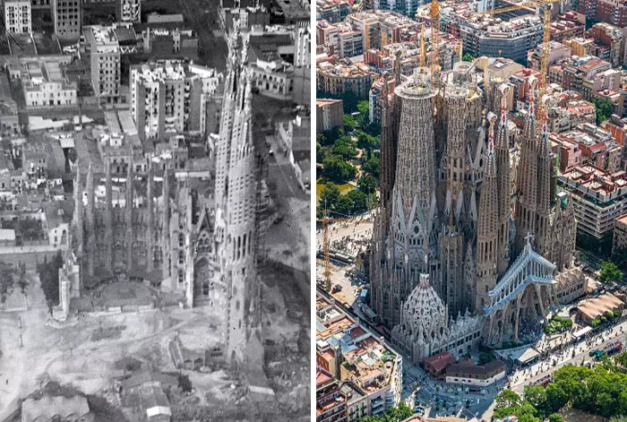 Katedrála Sagrada Familia: porovnanie výstavby v 20. storočí a súčasnosti, pohľad zhora, Barcelona.