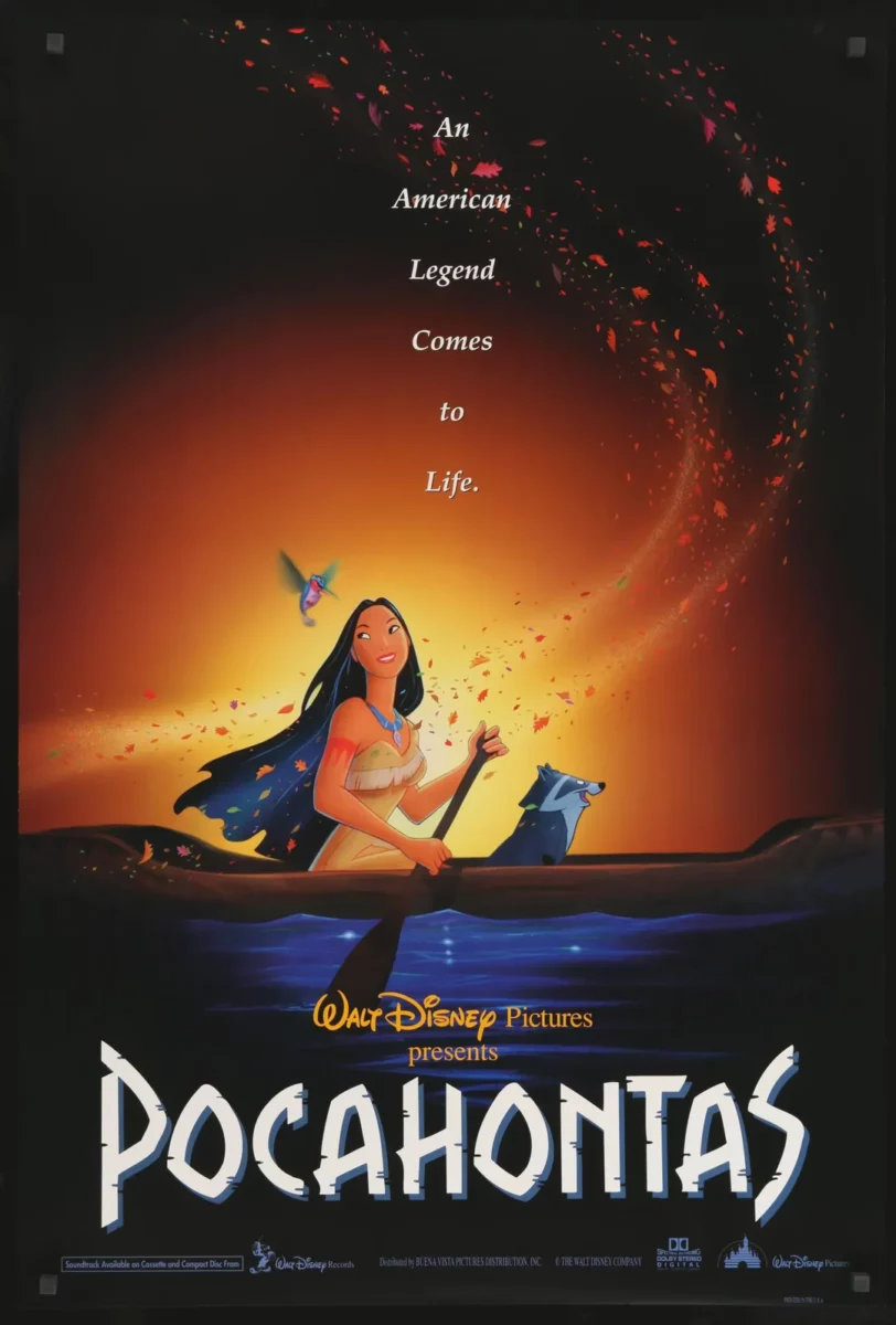 Disney's Pocahontas na loďke s listami vo vetre, pozadie oranžovej žiary.