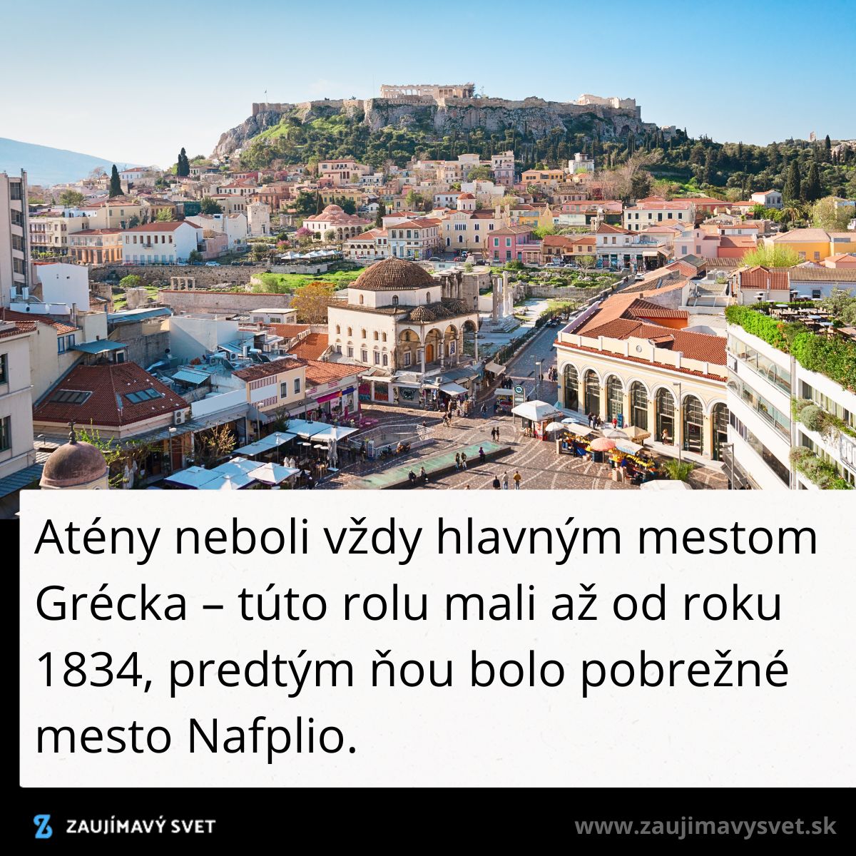 Historická panoráma Atén s Akropolou na pozadí pod modrou oblohou.