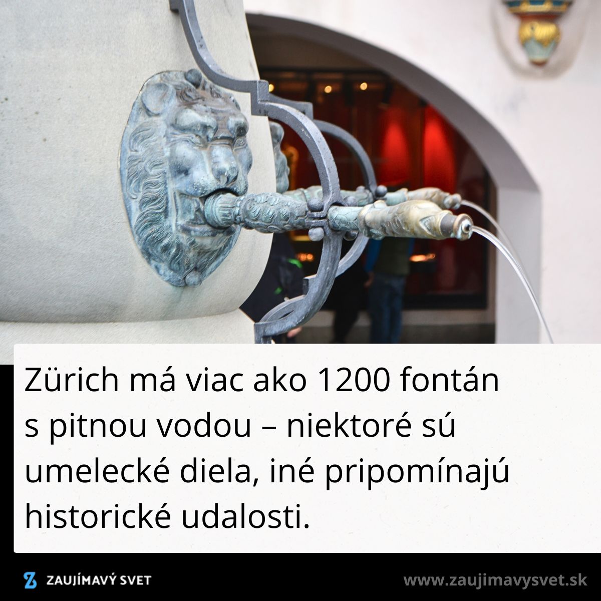 Dekoratívna fontána v Zürichu s unikátnym dizajnom lví hlavy poskytuje pitnú vodu.